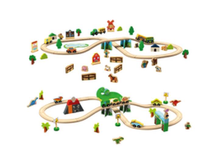LUPILU® Set de chemin de fer en bois : Ferme ou Dinosaures