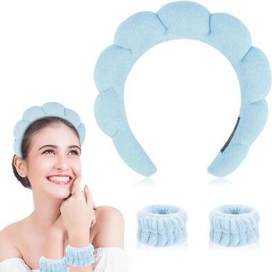 Inspire Select Cute Cloud Spa Headband Set With Wristbands For Face Washing & Makeup Removal, Soft Anti Slip Shower Skincare Band blue