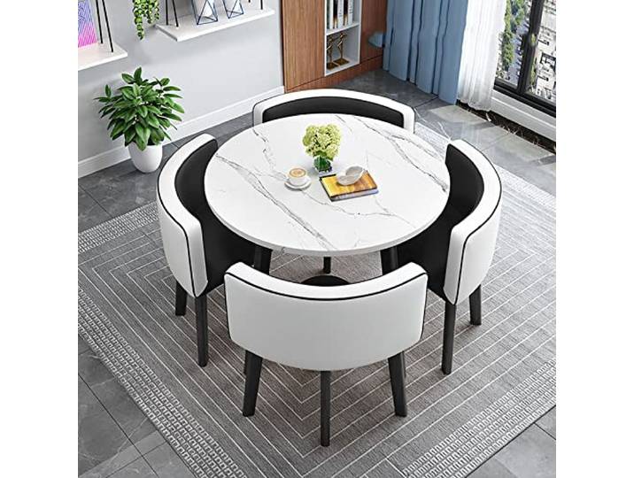 BIBZBKH Moderner, runder Esstisch und Stühle, 90 x 90 x 75 cm, platzsparend, Stoffstühle, Montage erforderlich, abwischbarer Stoff, vorsichtig um scharfe Kanten