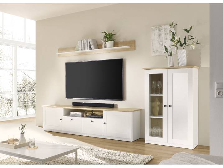 Wohnwand GOODPRODUCT Brest, Anbauwand im Landhausstil, Komplettset, Wohnzimmer-Set , weiss (weiß matt, eiche geölt dekor), B:293cm H:170cm T:43cm, Holzwerkstoff, Kastenmöbel-Sets, Wohnwand, enthält Vitrine, Lowboard + Wandboard