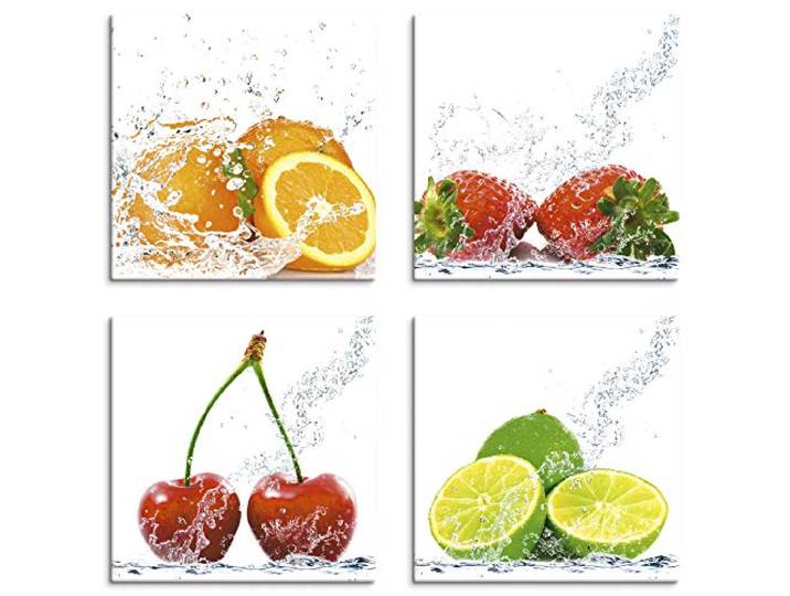 ARTland Wanddeko Küchenbilder Leinwand Bilder Set 4 teilig je 30x30 cm Quadratisch Wandbilder Obst Früchte mit Spritzwasser S6MJ