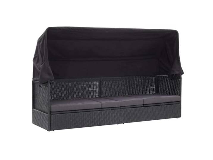 Outdoor-Sofabett mit Dach aus PE-Rattan in Schwarz für Garten und Terrasse Abnehmbares Sitzkissen, Sonnendach, Stahlrahmen, wetterbeständig, schmutzabweisend, leicht zu reinigen