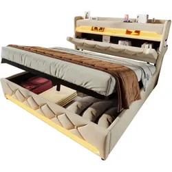Luxus Polsterbett mit LED Beleuchtung APP Steuerung, USB-C Schnellladefunktion, Boxspringbett mit Stauraum und Federkernmatratze 160x200 Beige