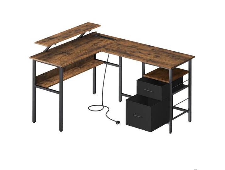 Bureau en L - Multiprise - LED - 2 Tiroirs - Marron