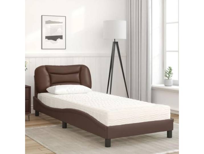 KTHLBRH Einzelbett mit Matratze Hvar Braun 90 x 200 cm Fleckenabweisendes Kunstleder, gepolstertes Kopfteil, Latten inklusive, Härte H2 und H3