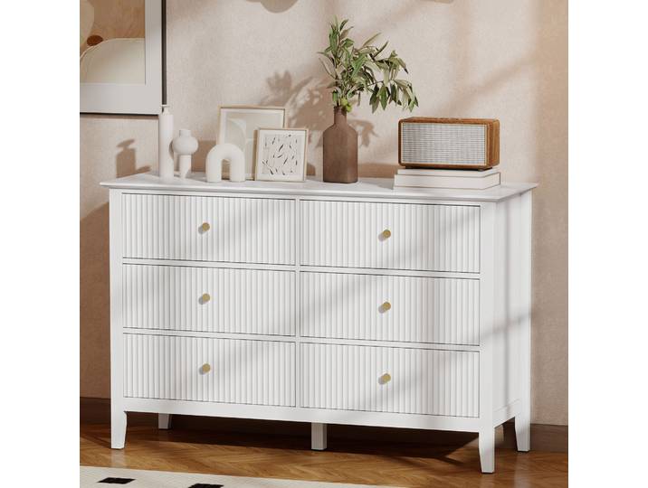 HOMCOM Commode 6 Tiroirs Cannelée Blanc Salon Entrée Poignées