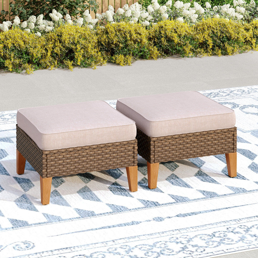 Blue Elephant Upholstered Outdoor Ottoman with Sunbrella® Cushion Beige 43.7cm H X 61cm W X 61cm D