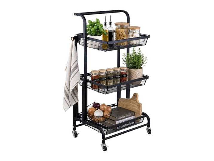 Relaxdays Chariot de Cuisine 3 Niveaux\, réglable\, Fer Anti-Rouille\, Noir 3 paniers\, 94\,5x44x30 cm