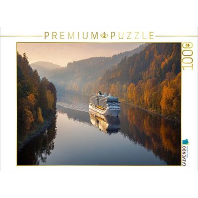 CALVENDO Puzzle Ein Kreuzfahrtschiff fährt durch herbstliche Flusslandschaft | 1000 Teile Lege-Größe 64x48cm Foto-Puzzle für glückliche Stunden