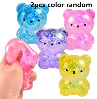 DynamicDeals Glitter Gummy Bear Stress Relief Toy Soft Squishy Fidget Toy For Kids & Adults 2pcs Color Random