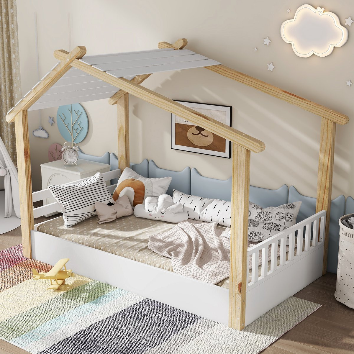 Houten Kinderbed met Huisdesign - Wit & Natuur - 90 x 190 cm