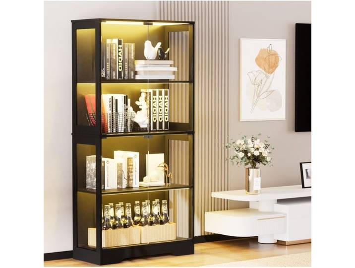 VEVXYN meuble vitrine rangement vitrine en verre LED capteur de mouvement 4 niveaux 80 x 35 x 165 cm MDF et verre noir