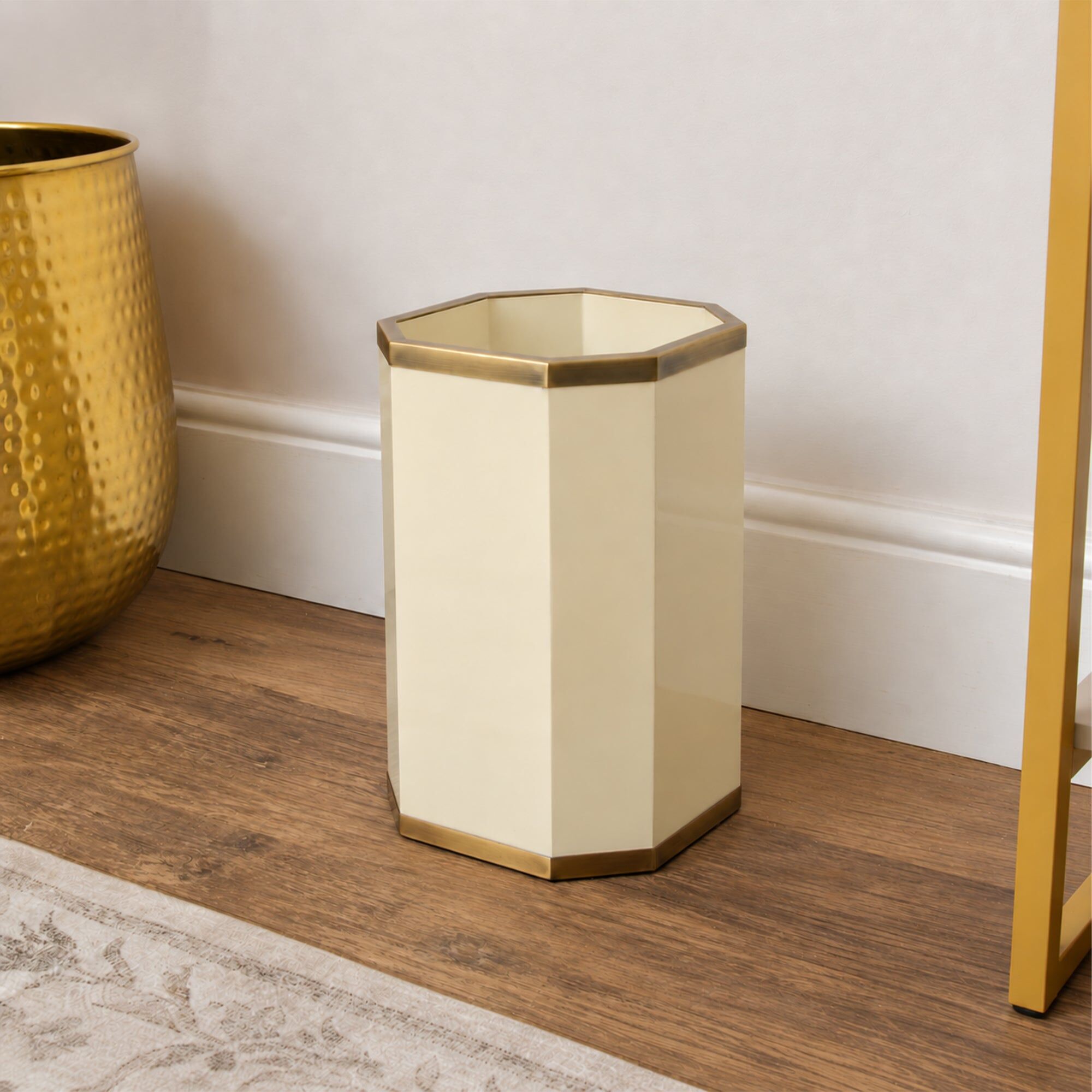 Hexagonal Cream & Gold Edge Wooden Waste Paper Bin - 20cm x 30cm Wood, Metal