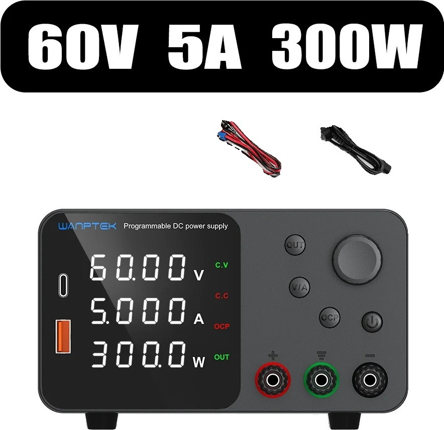 Wanptek DC-voeding W-TPS605, instelbare spanning tot 120V en stroom tot 10A, zwart