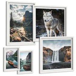 BILDER SET 5er Set - 50x50 cm & 20x30 cm & 40x60 cm Weißer Rahmen - Berge, Seen, Wasserfall, Wolf