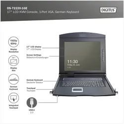 Digitus Modulare HD LCD TFT Konsole, GE Tastatur mit 1 Port KVM, GE Tastatur, RAL 9005 schwarz, KVM Switch, Schwarz