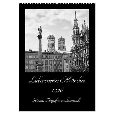 Liebenswertes München 2026 - Stilisierte Fotografien in schwarzweiß (Wandkalender 2026 DIN A2 hoch), CALVENDO Monatskalender