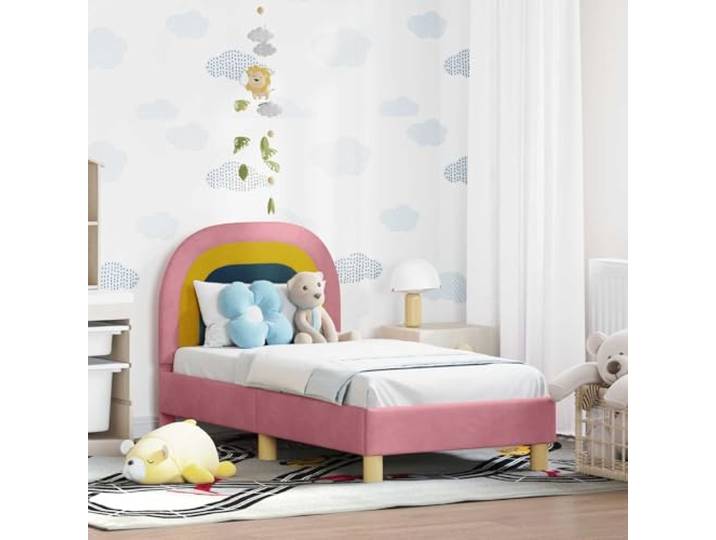 RJPLMFV Bettgestell mit Kopfteil, 70 x 140 cm, Rosa Holzwerkstoff, Velours-Finish, Latten-Design, pflegeleicht