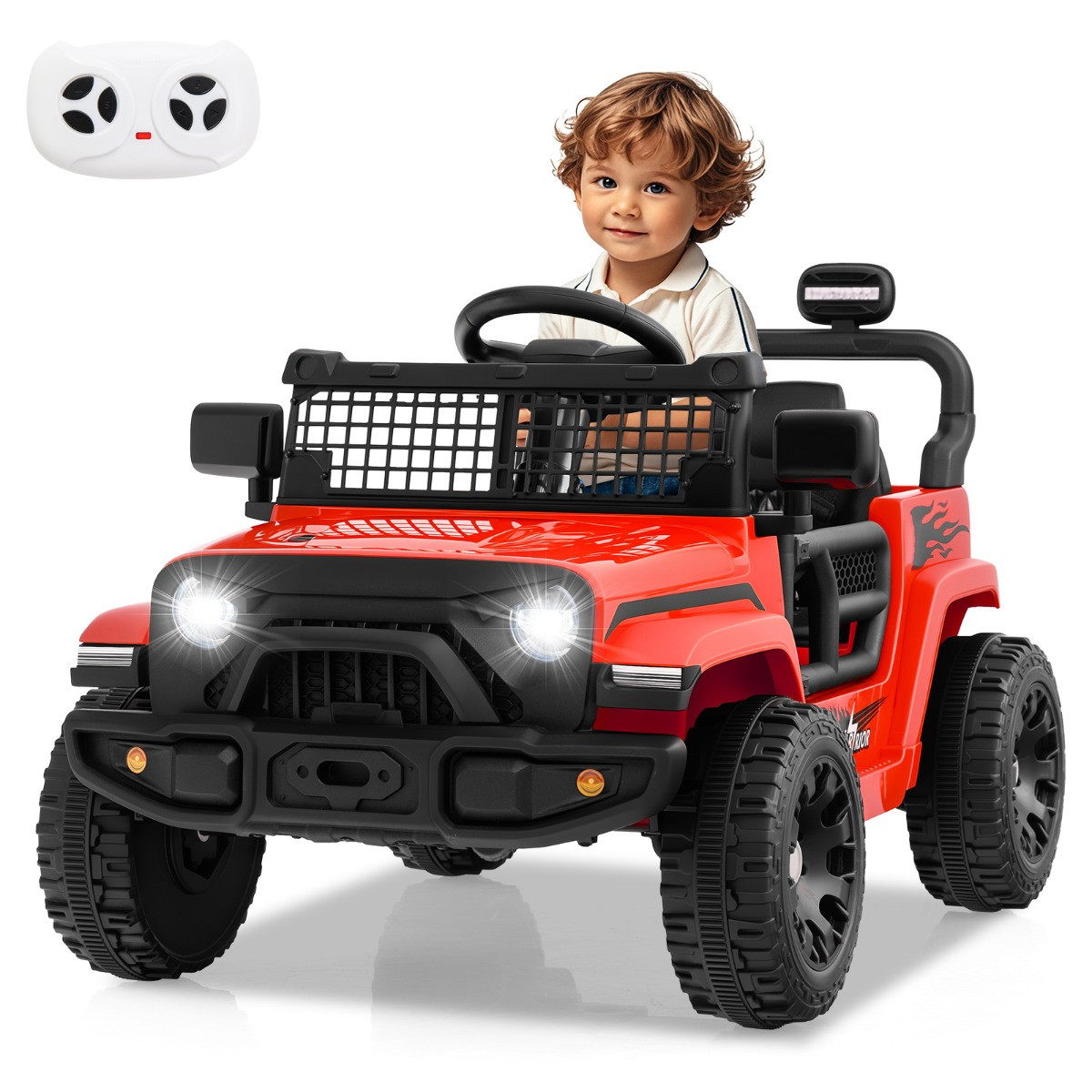Costway 12V Kinder Elektroauto met Afstandsbediening, Muziek, Claxon en LED-lichten, Rood