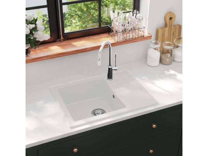 Granit Einbauspüle mit Abtropffläche, 580x440 mm, Weiß Reversibel montierbar, Hitzebeständig bis 280 C, Inklusive Siebkörbchen