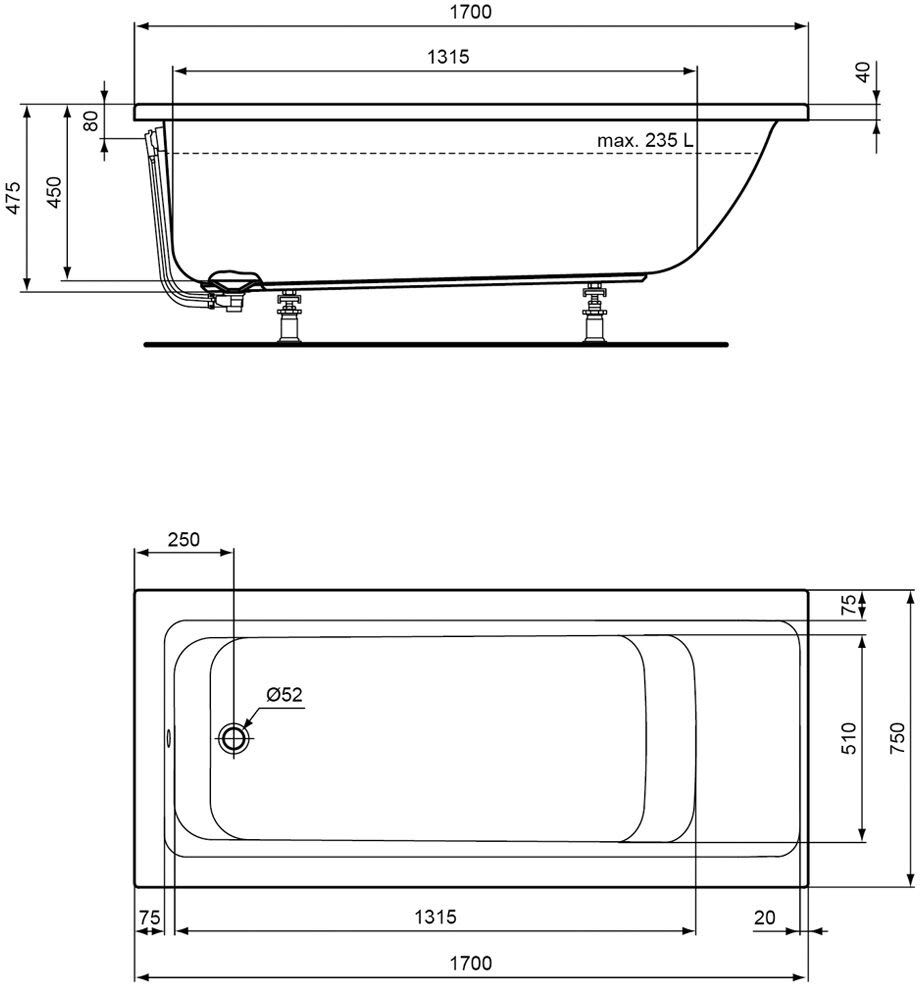 Ideal Standard Air Körperform-Badewanne 170 x 75 cm