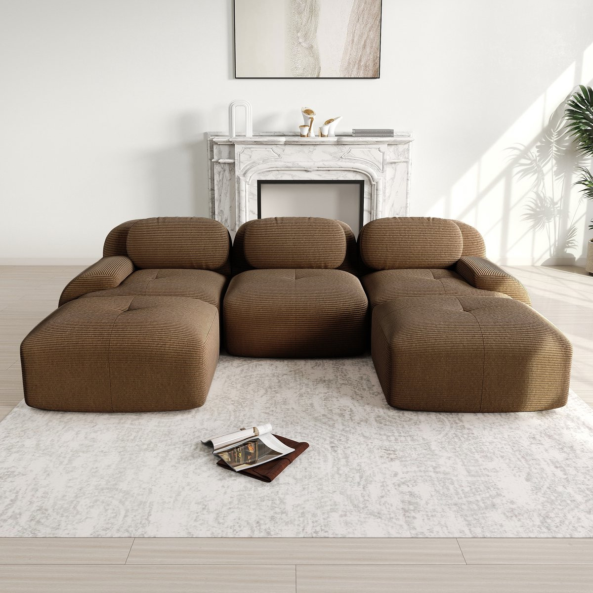 U Vormige Modulaire Hoekbank - 3 Zits Ribstof Lounge Bank - Bruin