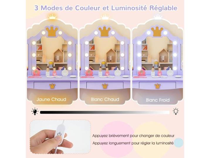 GIANTEX Coiffeuse Enfant Fille avec Miroir LED 3 Couleurs avec Tabouret Miroir à 3 Volets Accessoires Rangement (Violet)