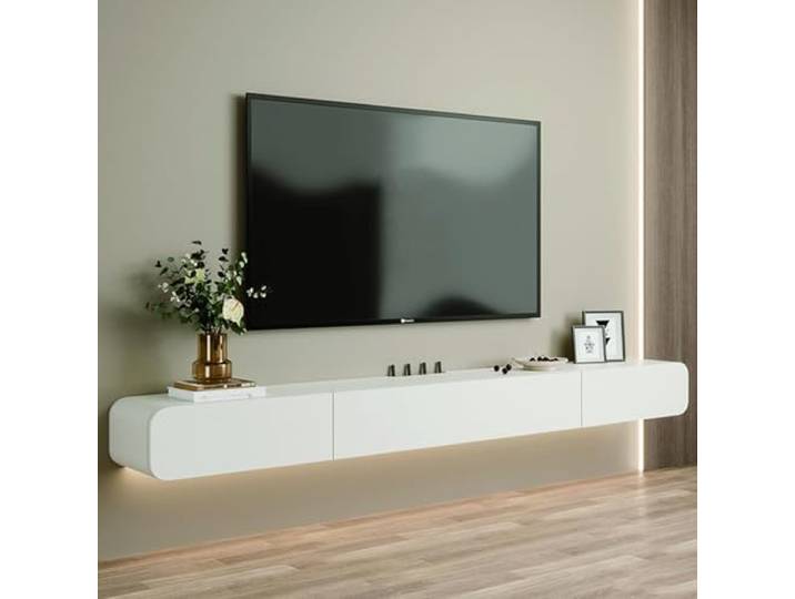 Ahtadums Massivholz TV Lowboard Hängend, TV Schrank hängend mit 2 Schubladen TV Board hängend Hängeschrank Wandregal komplett montiert (Weiß B, 140cm)