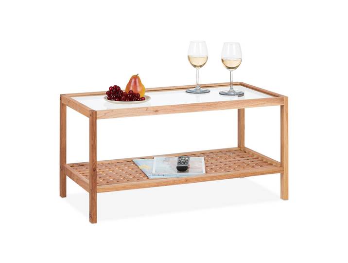Relaxdays Beistelltisch Natur Transparent Walnussholz 80x40x40 cm, Hellbraun, Holz, Glas, 80x40x40 cm, Wohnzimmer, Wohnzimmertische, Couchtische