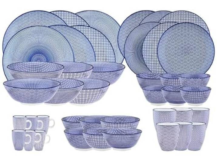 BJORN Geschirrset 6 Personen – Hochwertiges glasiertes Porzellan Tafelservice – Kollektion PATTERN Dark Blue – Modernes Mix & Match Geschirr