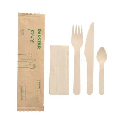 Papstar 50 Bestecksets Holz "pure" : Messer, Gabel, Kaffeelöffel, Serviette in Papierbeutel