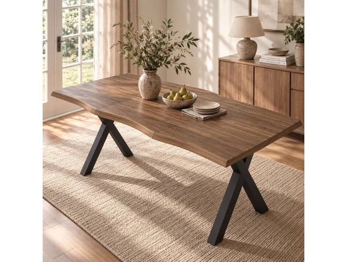 Table à manger 160x78x75cm 4-6 personnes plateau MDF 28mm bords ondulés pieds en fer en X finition noyer style minimaliste
