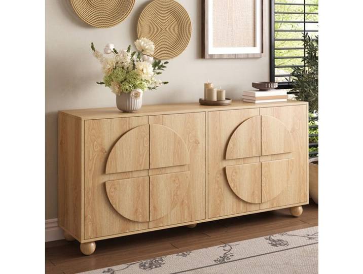 Buffet bas 4 portes avec étagères réglables - LPOSPI - relief circulaire MDF pin naturel