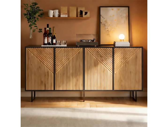 okwish Sideboard Wohnzimmerschrank mit Stauraum und Vier Tueren Gestreiftes Design Viel Stauraum Natur+Schwarz