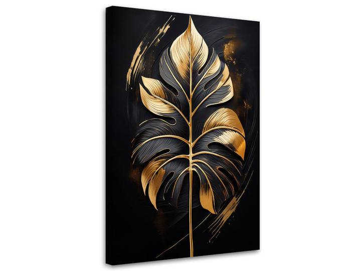 Feeby Wandbild schwarzes und goldenes monstera blatt, Goldfarben, Baum/Pflanze/Natur, Rechteckig, 70x100 cm, Bilder & Rahmen, Bilder, Leinwandbilder