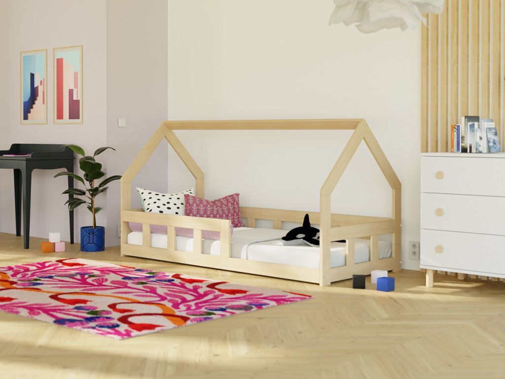 Niedriges Hausbett für Kinder FENCE 6-in-1 mit Barriere 120x200 cm Unlackiert, Mit offenem Eingang