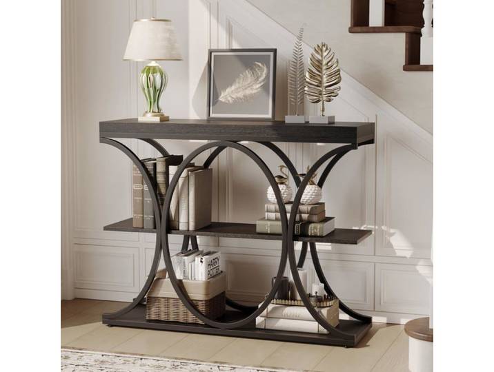 Console étroite industrielle - LUNSY - 100x30x80 cm - Noir - Étagères à 3 niveaux - Pieds géométriques en métal