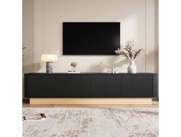 200 cm TV-Lowboard ｜Geriffener TV-Schrank im luxuriösen Stil, 4-türig mit großem Stauraum, Wohnzimmer-Medienkommode, höhenverstellbare Fächer, abgerundete Ecken, moderner Minimalismus, MDF-Material
