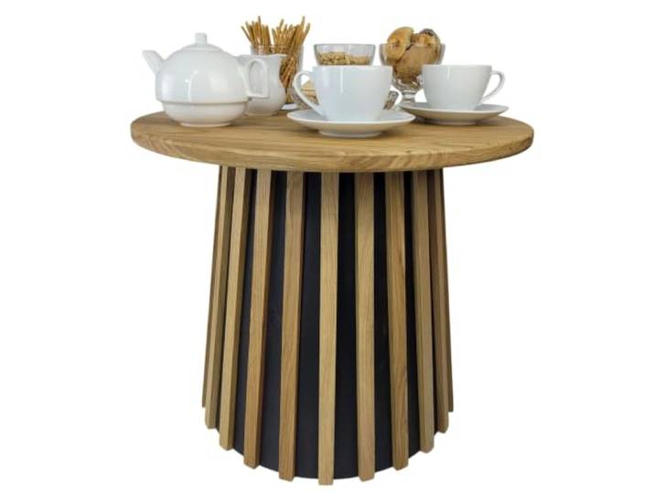 kadamahu Couchtisch aus massiver Eiche, runde Holzplatte 55x47 cm, Lamellen Komplett montiert; Platte Ø55 cm, Höhe 47 cm, Platte und Lamellen aus massiver Eiche, 4 Kunststoffgleiter am Sockel.