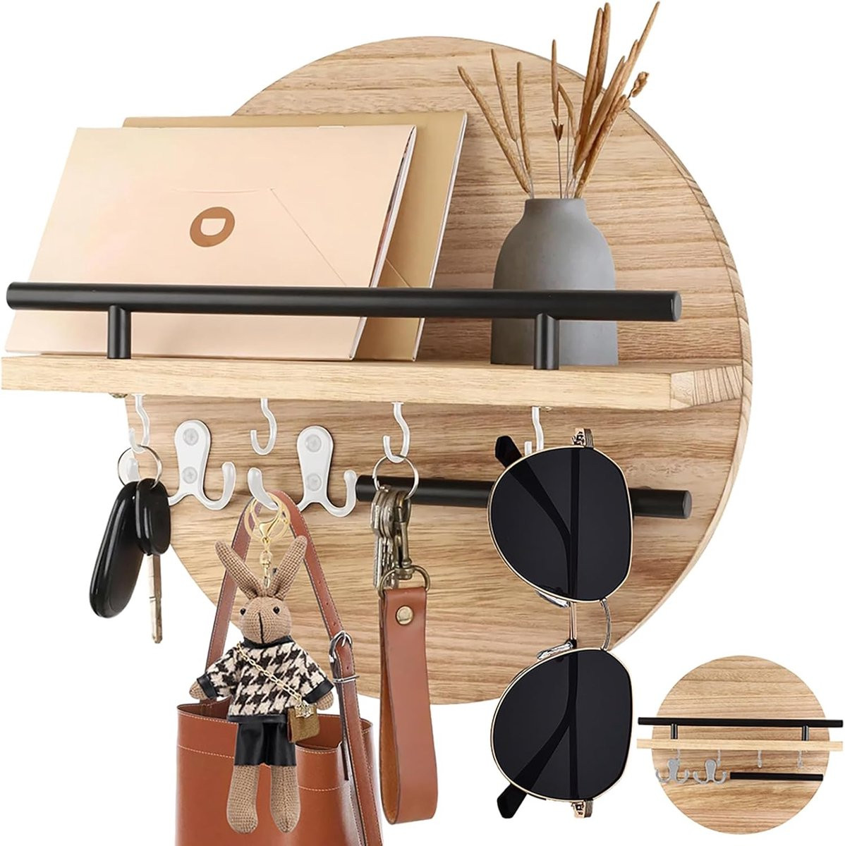 Thijox Vintage Houten Sleutelrek met Opbergruimte en Sleutelhaken - Lichtbruin