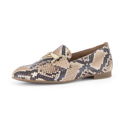 Slipper GABOR, Damen, Gr. 40, braun (sand, schwarz), Kalbsleder, Schuhe Slipper, Blockabsatz, Businessschuh mit goldfarbenem Schmuck-Zierriegel