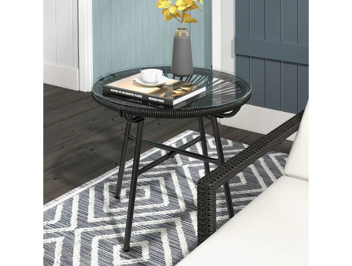 Outsunny Table d'Appoint Extérieur Bohème Rotin PE Verre Noir 50cm
