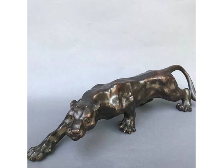 Grande Sculpture en Bronze de 36cm, Panthère, Léopard, Guitare, Chat Marqué en Émail, Décoration de Bureau en Laiton