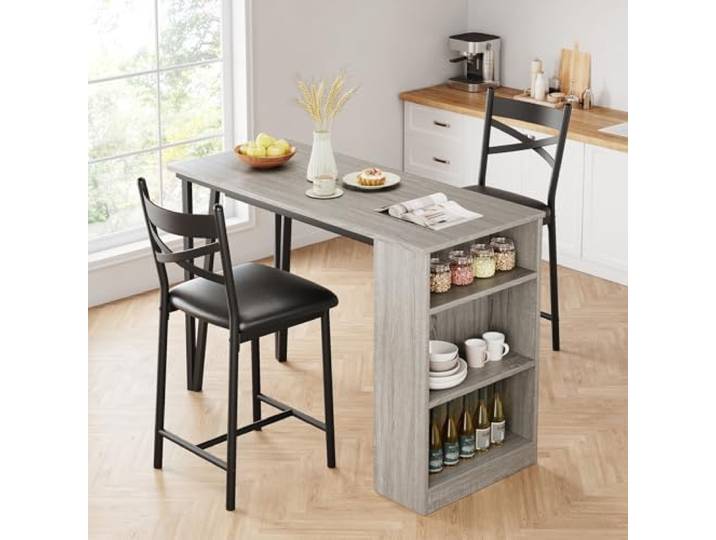 Thaookte Bartisch Mit 2 Stuhl Set, 3 Teilig Esstisch Stehtisch Mit 2 Barhockern Und 3 Seitenregalen Küchentisch Sitzgruppe Industriell Für Esszimmer, Küche, Wohnzimmer