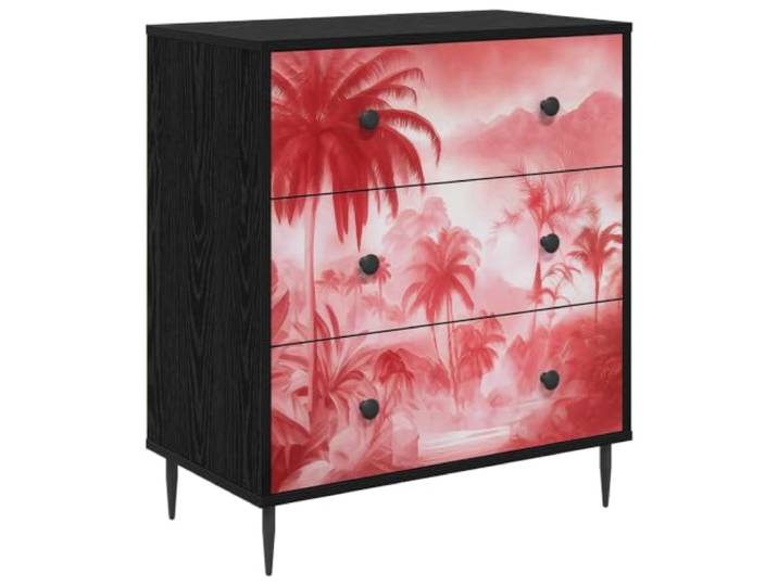 Foknhdi Kommode mit 3 Schubladen Holzwerkstoff Schwarz Palmenprint Moderne Anrichte für Schlafzimmer und Wohnzimmer mit 3 Auszügen, matten Metallgriffen und erhöhten Standfüßen.