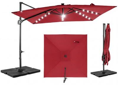 Costway 10 FT Cantilever Patio Umbrella with 32 Solar LED Lights and 220 LBS Base-Red
