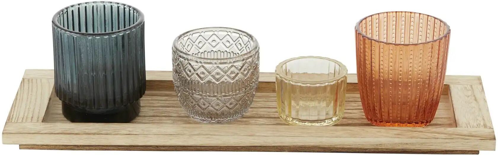 HOME STORY Teelichtglas  4er Set   ¦ mehrfarbig ¦ Glas,Holzwerkstoff ¦ Maße