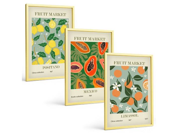 BILDER SET 3er Set - 40x60 cm Goldrahmen - Fruchtposter Zitronen Papayas