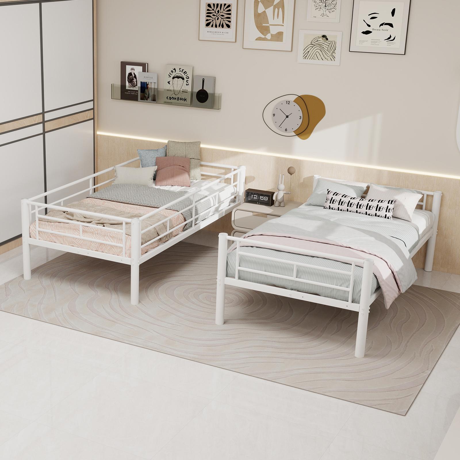 MODFU Etagenbett 90 x 190 cm Bettrahmen umbaubar in zwei Einzelbetten Kinderbett mit Leiter und Geländer für Kinderzimmer Eisen weiß mit zwei Matratze