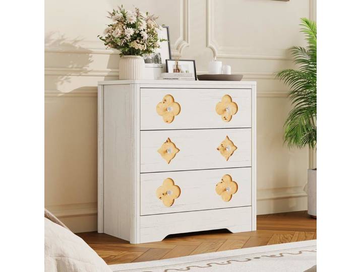 Commode polyvalente - LUNSY - 80x40x77 cm - Blanc - Poignées en cristal - Trois tiroirs - MDF haute qualité - Hydrofuge